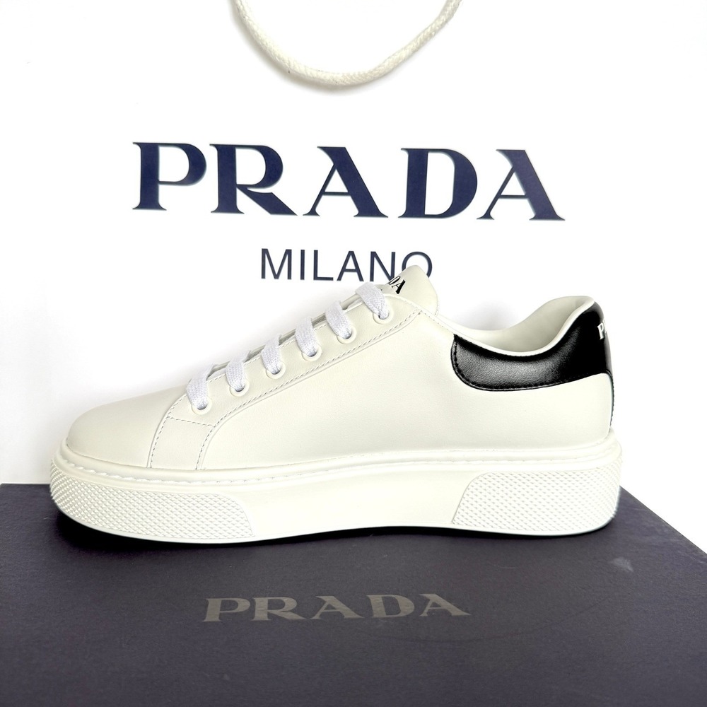 Prada‎ 1E621M Women's Macro Logo White Leather Low‑Top Sneakers Size 40